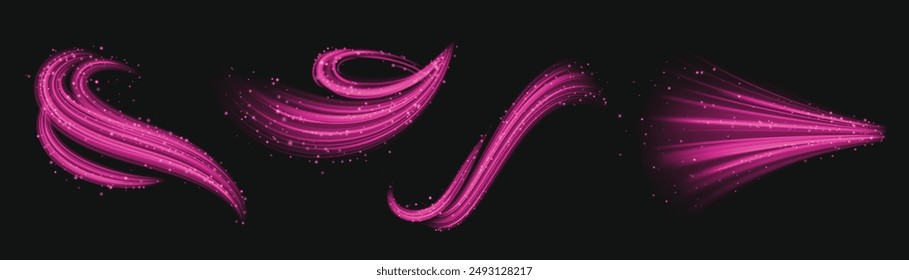 Pink wind wave. Magic air fragrance flow effect. 3d light vortex with neon line and glitter isolated vector. Realistic perfume scent or fairy whirlwind on black background. Swoosh energy glow