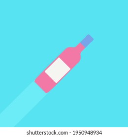 Pink wine bottle with blank lable on bright blue background in pastel colors. Minimalism concept. Eps 10 vector illustration