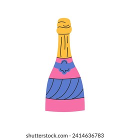 Pink wine bottle in a flat style. Valentine's day doodle vector illustrations isolated on white background. Good for stickers, cards design, tags, clipart. Groovy style