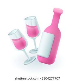 Botella de vino rosa con lentes de ilustración 3D. Dibujo de dibujos animados de una botella de bebida alcohólica, lentes de vino con líquido rosa en 3D sobre fondo blanco. Amor, romance, alcohol, concepto de celebración