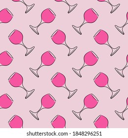 Pink wine glass, seamless pattern on pink background.