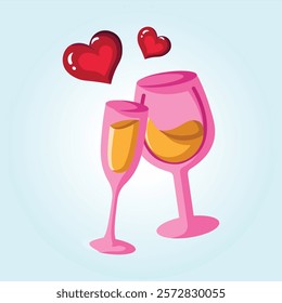 Pink wine glasses clinking, surrounded by hearts. Perfect for Valentine's Day!