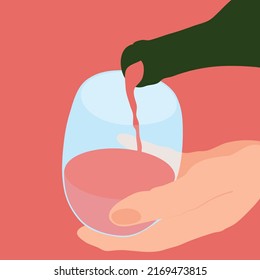 Pink wine pouring into a glass bright illustration