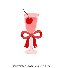 Pink wine in wineglass with cherry berry. Glass on stem with coquette red bow decoration. Holiday beverage in goblet. Flat graphic vector illustration isolated on white background