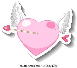 Pink winged heart pierced arrow cartoon sticker illustration