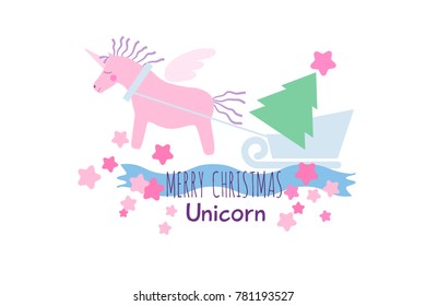 Pink winged unicorn horse with violet mane and tail pulls a sleigh with a Christmas tree. Holiday greeting card.
