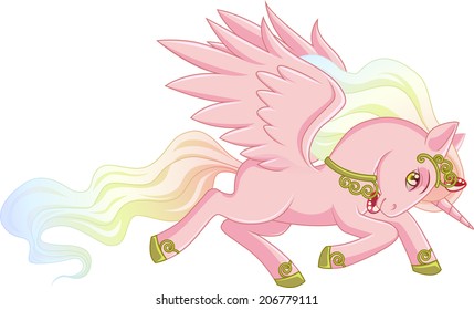 Pink winged unicorn with a pearl mane is galloping