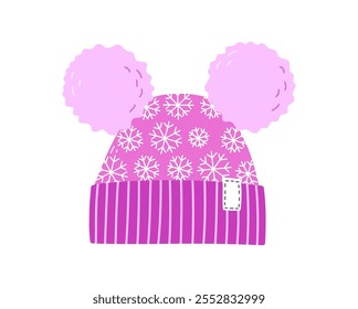 Pink winter, autumn and spring hat with two pompoms. Vector illustration in a flat style