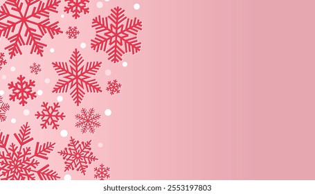 Pink Winter Christmas Background with Red Snowflakes and Falling Snow