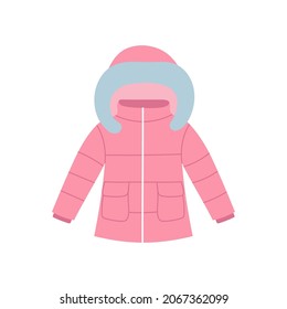 Pink winter coat for children. Warm clothes element. Doodle style. Isolated vector illustration. 