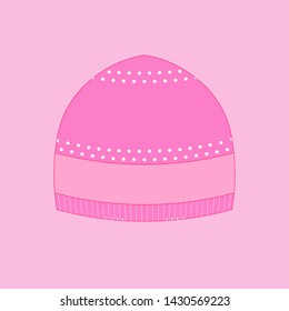 Pink winter hat isolated icon on neutral background. Flat vector illustration of female knitted headgear with simple pattern with circles.