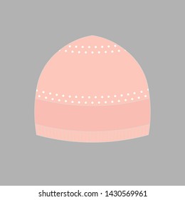 Pink winter hat isolated icon on neutral background. Flat vector illustration of female knitted headgear with simple pattern with circles.