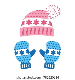 Pink winter knitted hat and blue gloves or mittens flat isolated