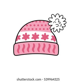 Pink winter knitted hat icon isolated.