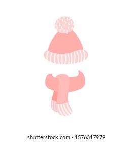 Pink winter knitted hat with pompon and scarf isolated on white background. Hand drawn kid style flat design vector illustration