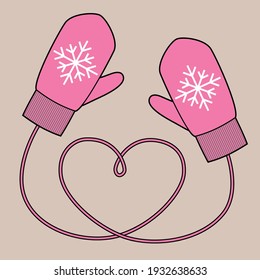 Mitones rosados de punto de invierno. Ilustración de boceto vectorial para tarjeta de saludo, banner, sitio web y decoración de vacaciones