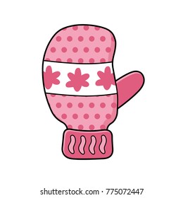 Pink winter mitten or glove isolated