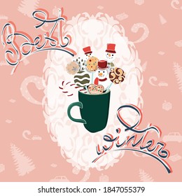 Pink Winter pattern card with candies and cookies