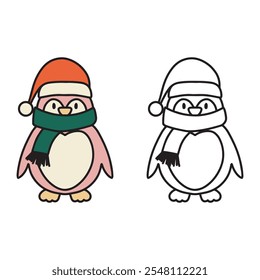 Pink Winter Penguin vector illustration. Black and white outline. colored illustration. for coloring book or page for kids