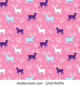Pink winter reindeer folk vector seamless pattern. Great for winter holidays traditional wallpaper, backgrounds, gifts, packaging design projects. Surface pattern design.