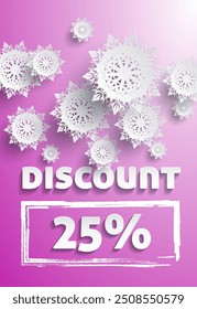 Pink winter sale poster with detailed white snowflakes, large discount text offering 25 off, festive design for holiday promotions, can be used in seasonal marketing. Sale discount