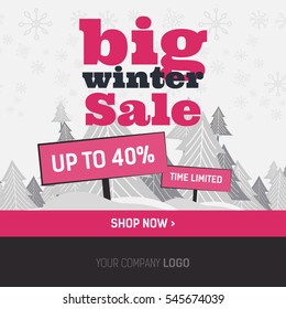 Pink Winter sale social network banner. Gray background, snowflakes, tree. Square