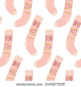 Pink Winter Socks Pattern with Heart and Snowflake Designs on White Background