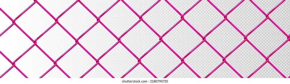 Pink wire net, metal steel mesh pattern. Isolated fence, security barrier, grid construction texture with chain links. Wall or border seamless, netting, surrounding, Realistic 3d vector illustration