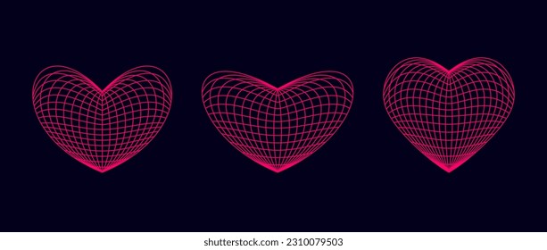 Conjunto de formas de corazón de armazón de alambre rosado. cuadrículas. Elemento de diseño de cuadrícula. Concepto de amor o cardiología para afiches, plantillas, volantes, pancartas. Paquete de ilustraciones de vectores 