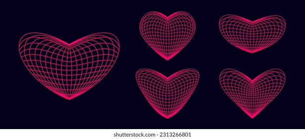 Pink wireframe heart shapes set. Grid design element. Love or cardiology concept for posters, templates, flyers, banners. Vector illustration pack 