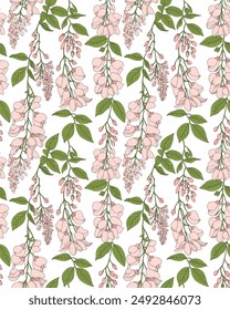Pink wisteria flowers, hand drawn style. The art of using lines. Seamless pattern for decorating fashion designs, fabrics, wallpapers and prints on a white background.