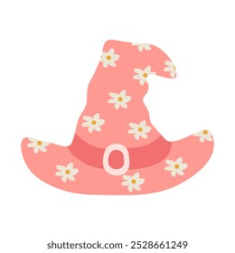 Pink witchs hat with flowers. Cute spooky Halloween element in flat style. Vector illustration