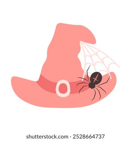 Sombrero de bruja rosa con araña. Lindo elemento espeluznante de Halloween en estilo plano. Ilustración vectorial