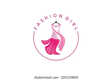 Pink woman dress logo design, beauty fashion logo vector illustration