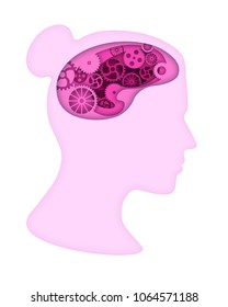 Pink woman head silhouette with gears in brain. Paper cut art style vector illustration. Symbol of thinking, brainstorm or psychology.