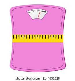 pink woman scale with measuring tape, diet concept design, stock vector illustration