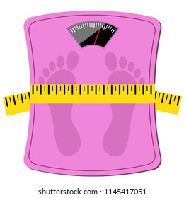pink woman scale with measuring tape, diet concept design, stock vector illustration