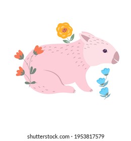 Wombat rosa con flores ilustración vectorial de dibujos animados. Icono australiano del tierno marsupial aislado en el fondo blanco. Oso natural australiano. Icono de niños divertidos. Impresión de arte de guardería