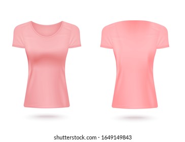 Pink women crew-neck t-shirts set of front and back view, realistic vector illustration isolated on white background. Company staff or sport team uniform cloth template.