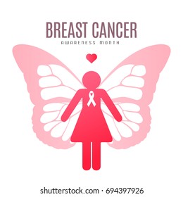 Pink women icon with butterfly wings, Breast cancer campaign, Vector illustration