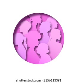 Pink women people group illustration inside paper cut circle. Female team for women's issues or breast cancer awareness concept. Round icon papercut design of diverse girls silhouette.