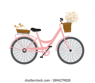 Pink women's bicycle with a basket of daisies and milk in a flat style isolated on white. Symbol of summer walks in the city and countryside. Hygge in the summer on the nature. Vector illustration.