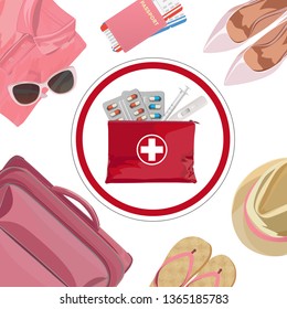 Pink women's clothing and accessories on the floor. Don't Forget the road first-aid kit. Concept meaning remind someone important fact or detail. Traveler accessories. Vector illustration. 