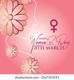 A pink Women's Day design with a woman’s profile outline, golden flowers, the female symbol, and text: "Happy Women's Day, 8th March," in elegant fonts, celebrating femininity and empowerment.