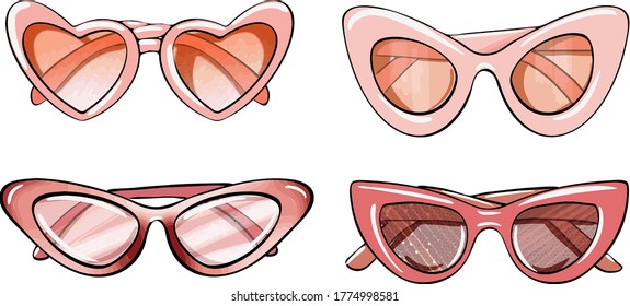 Pink women's glasses  4 different options in shape   shades pink  Different color solutions for glasses  Flat drawing style  Vector graphics  Handmade drawing