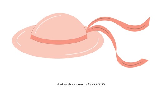 Pink womens hat with red ribbons. Beach accessory girl and elegant clothes isolated vector illustration. Head wearing, garment with brims. Holiday sunhat, women accessory