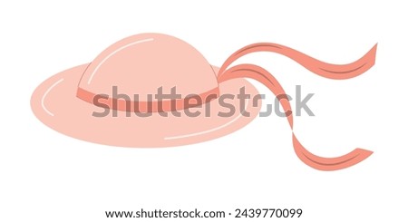 Pink womens hat with red ribbons. Beach accessory girl and elegant clothes isolated vector illustration. Head wearing, garment with brims. Holiday sunhat, women accessory