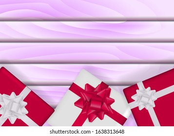 Pink wooden background with gift boxes. Vector stock illustration for card