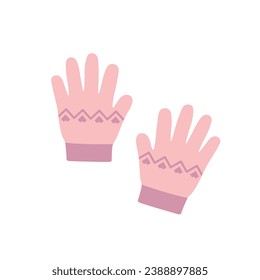 Pink wool gloves with purple patterns flat illustration vector isolated on white background. Women and girl winter accessories
