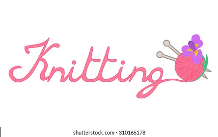 pink wool yarn with knitting needles and iris flower, inscription word "knitting"